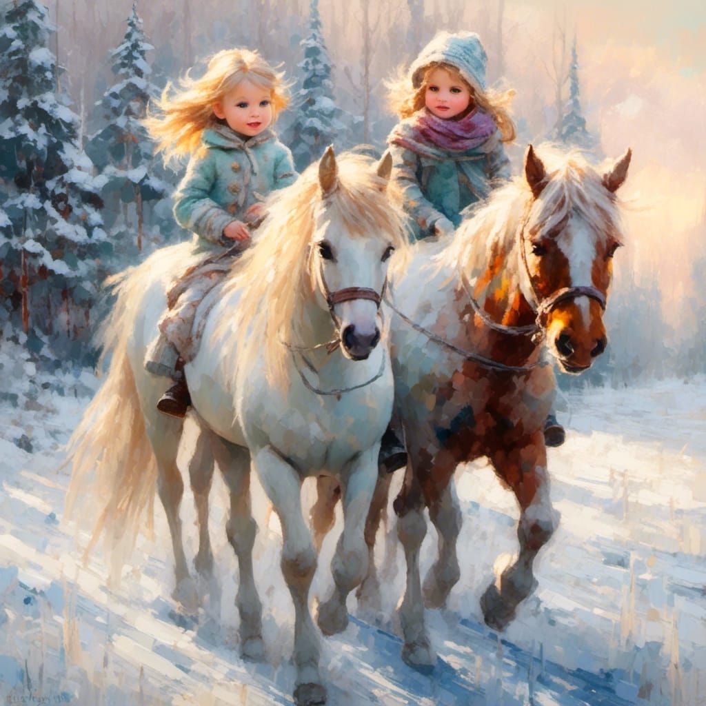 Adorable Blond Child Leads Pony in Impasto Style