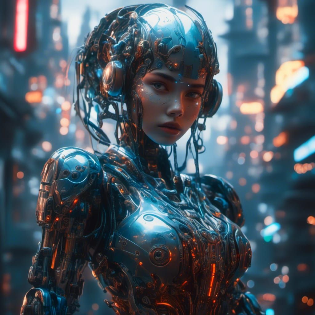 Robot Girl in Cityscape, Sorayama Style