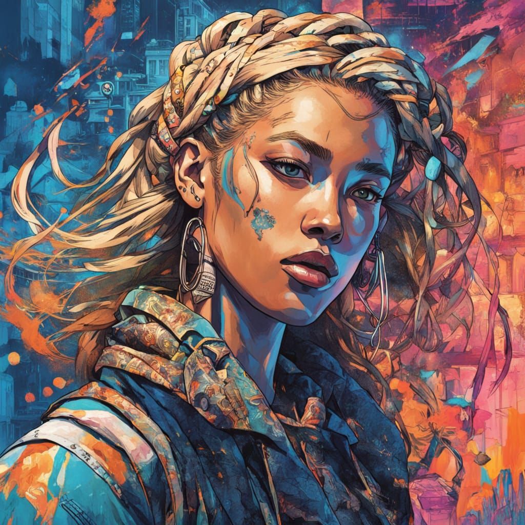 Cyberpunk Goddess in Vibrant Sketchnote Style