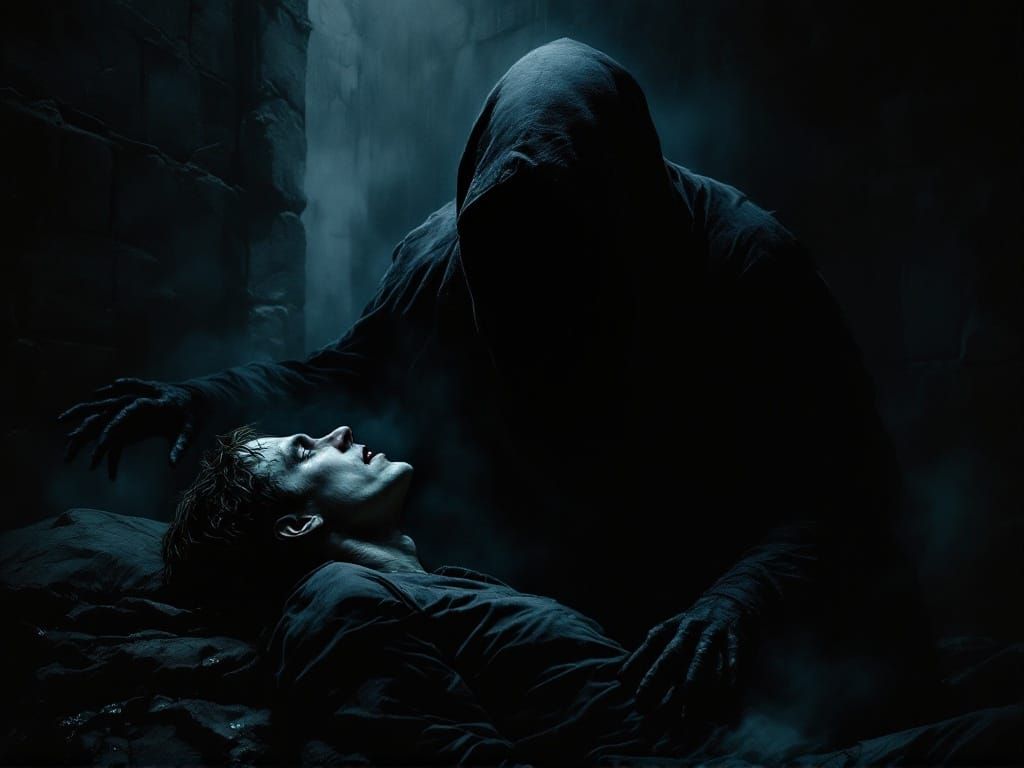 Dark Gothic Prison Scene: Hooded Figure Administers the Deme...