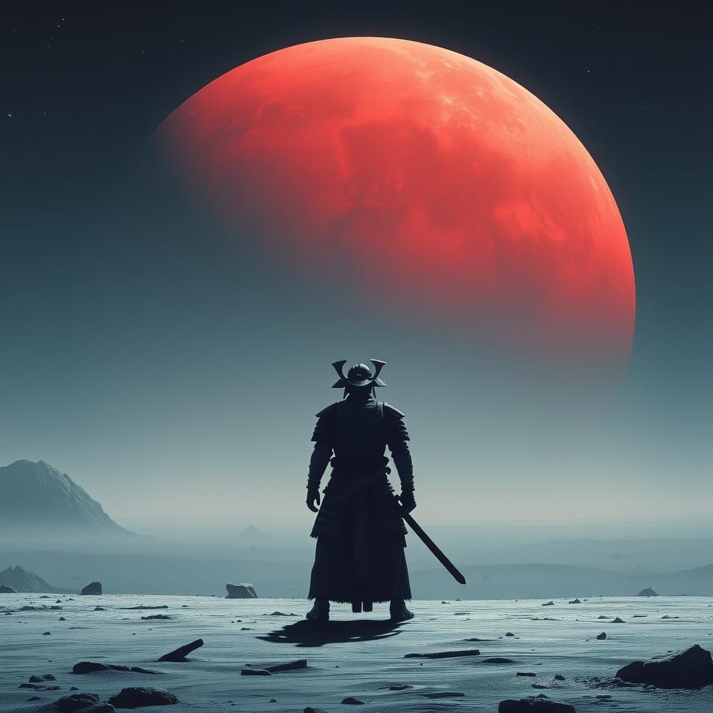 Lone Samurai on Desolate Lunar Landscape
