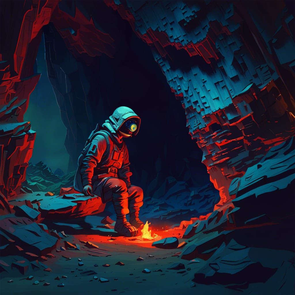 Cave Explorer at Night in Retropunk Style