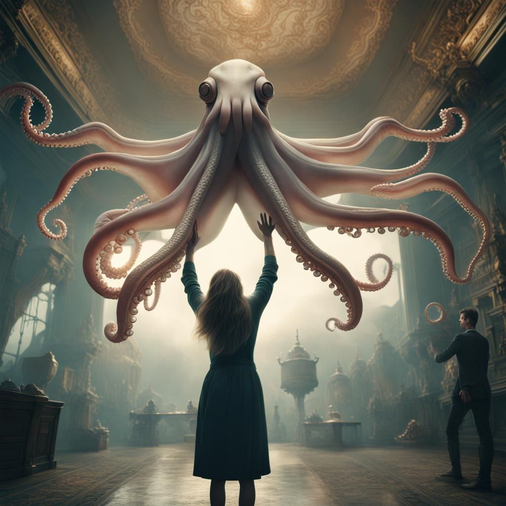 Dramatic Squid Tentacle Lifts Woman: Digital Painting