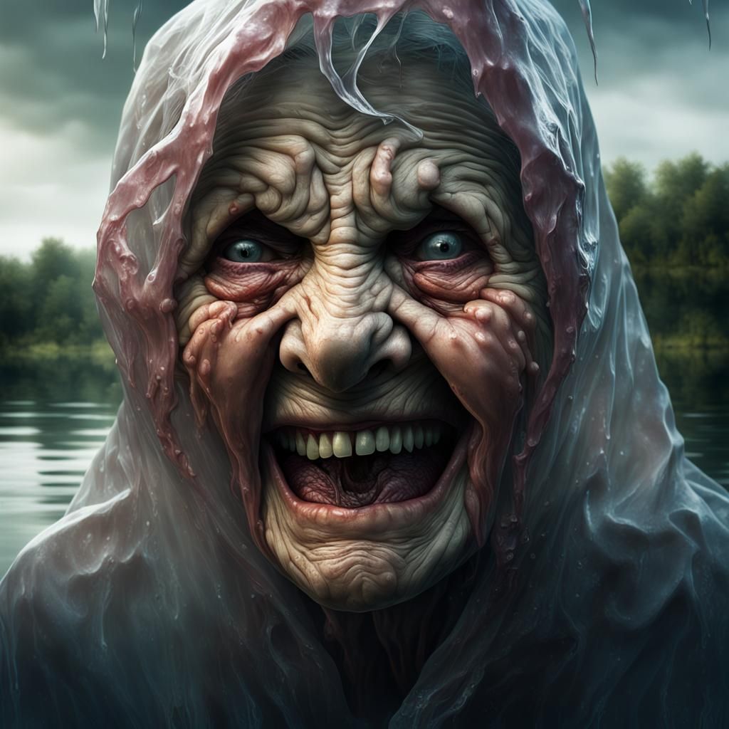 Eerie Lake Emergence: Grandmother in Plastic