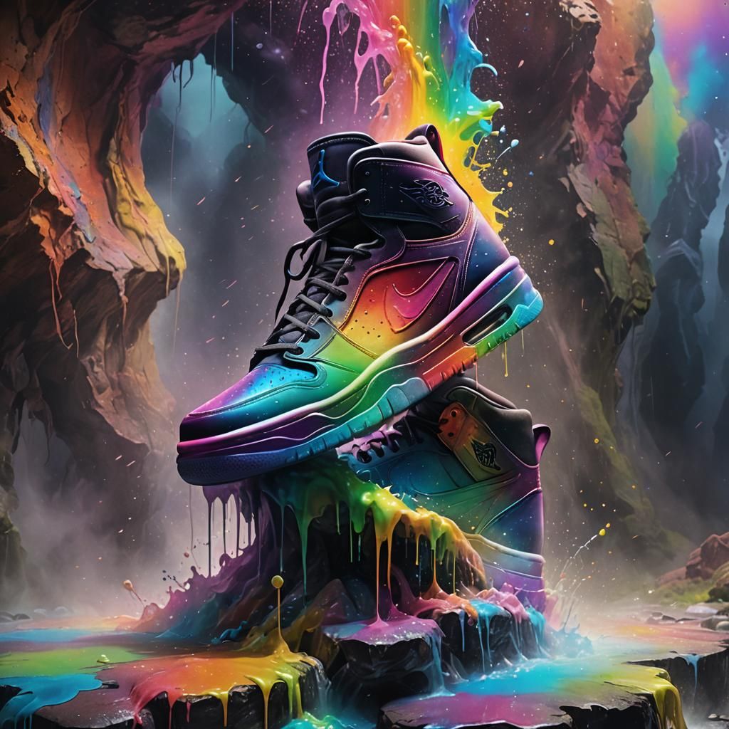 Rainbow Air Jordans in Iridescent Cave, Surreal Digital Art