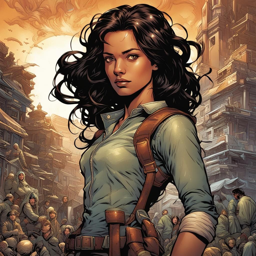 Comic Book Girl with Tan Skin and Dark Hair