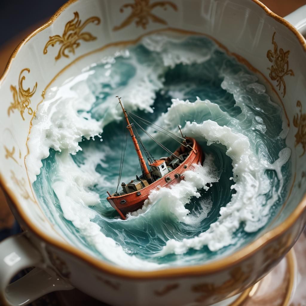 Miniature Trawler Navigates Teacup in Macro Photograph