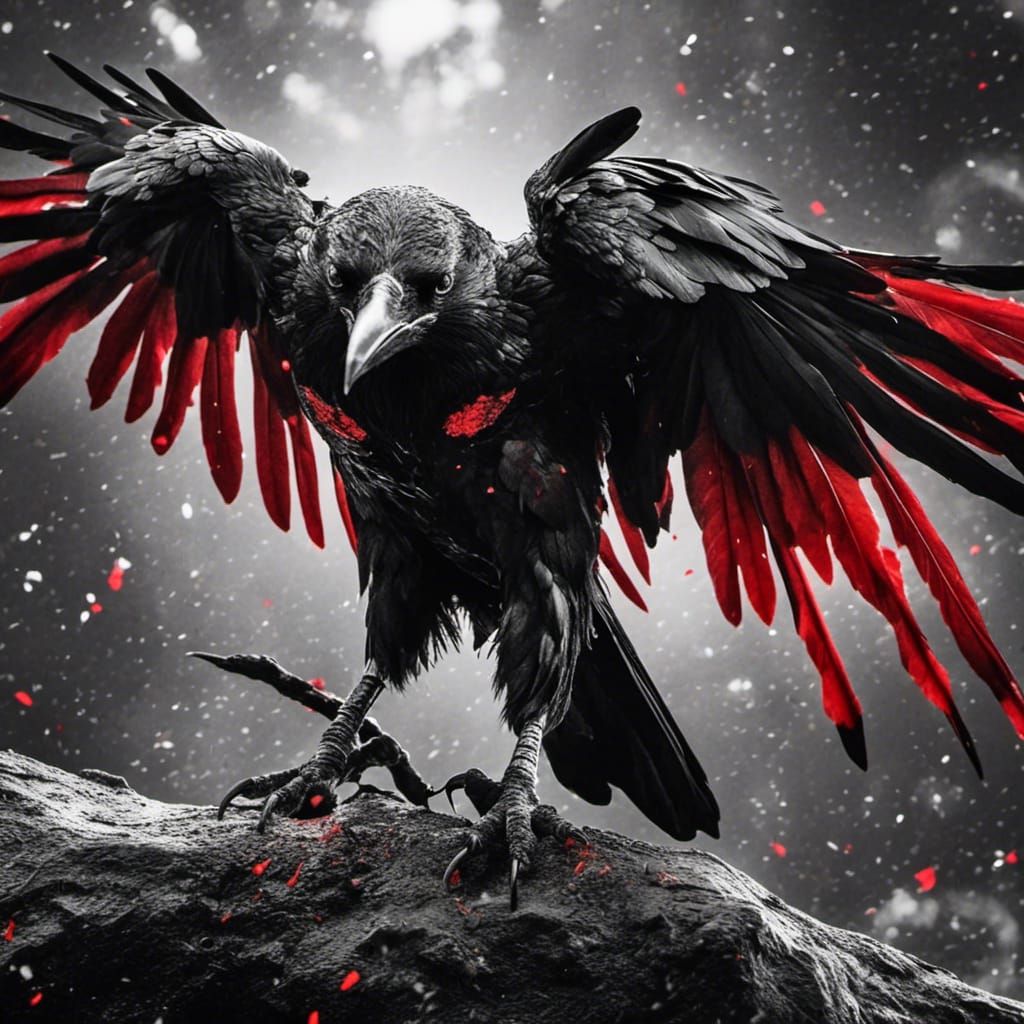 Trash Polka Tattoo Crow with Red Highlights