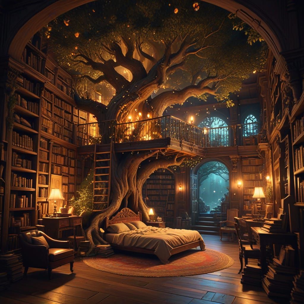 Mysterious Library Hidden Inside Ancient Tree, Fantasy Art