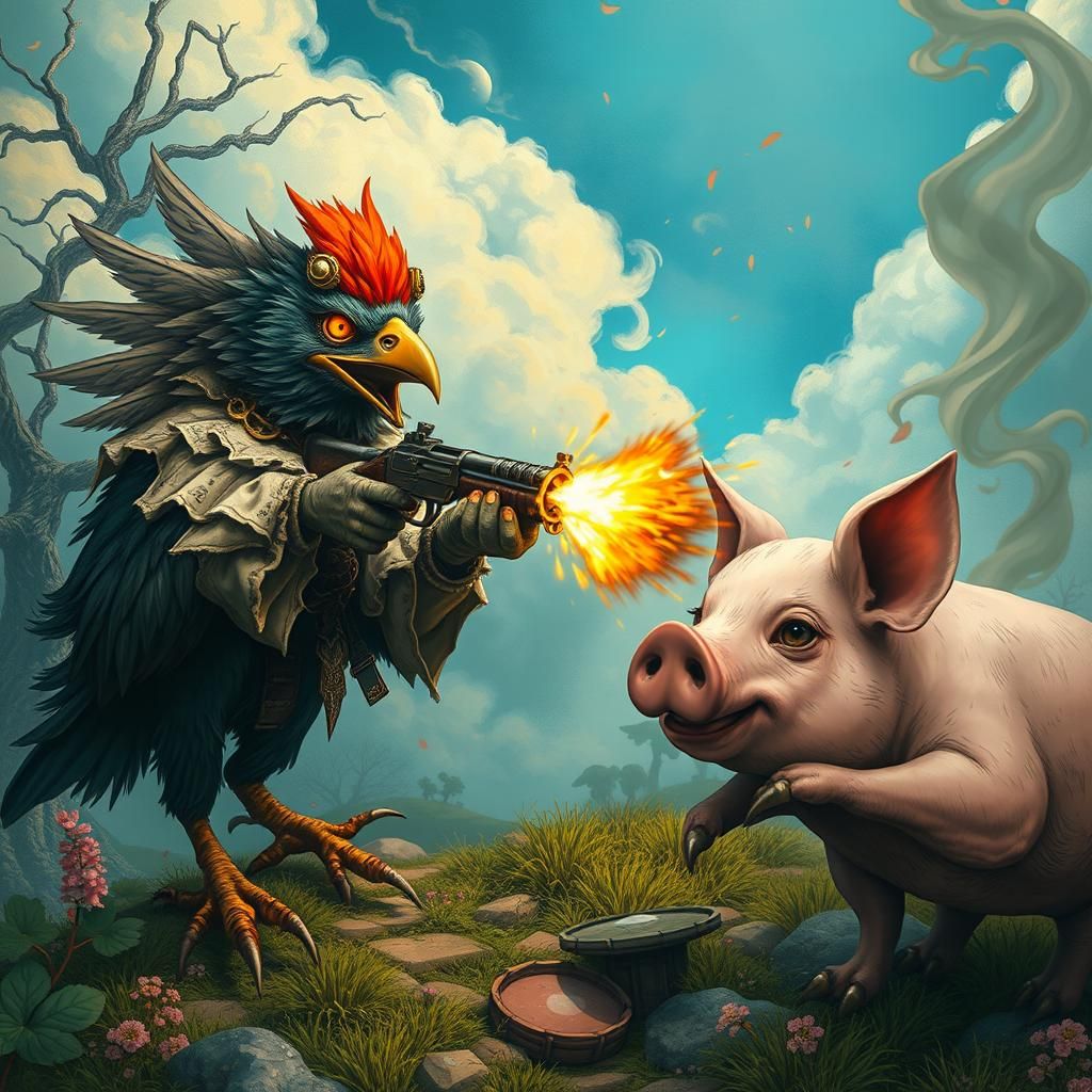 Steampunk Bird Blasting Pixelated Pig in Surreal Landscape