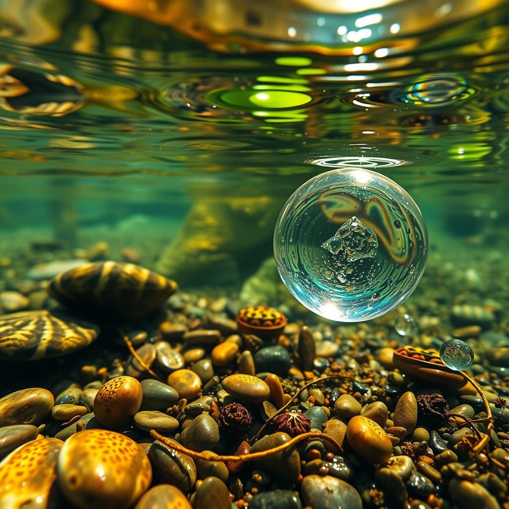 Mercury Droplet Reflects on a Crystal Clear River