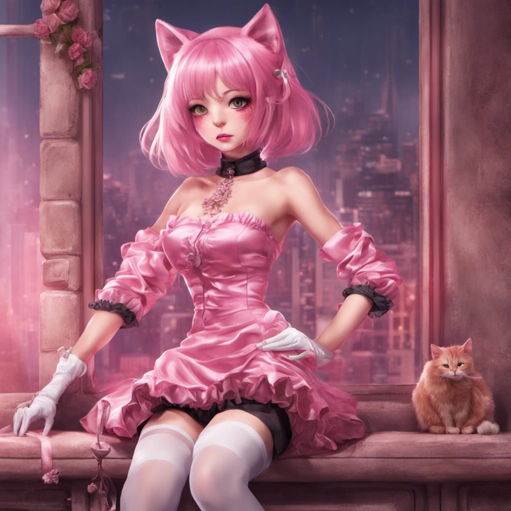 cat girl with pink hair in pink satin dress