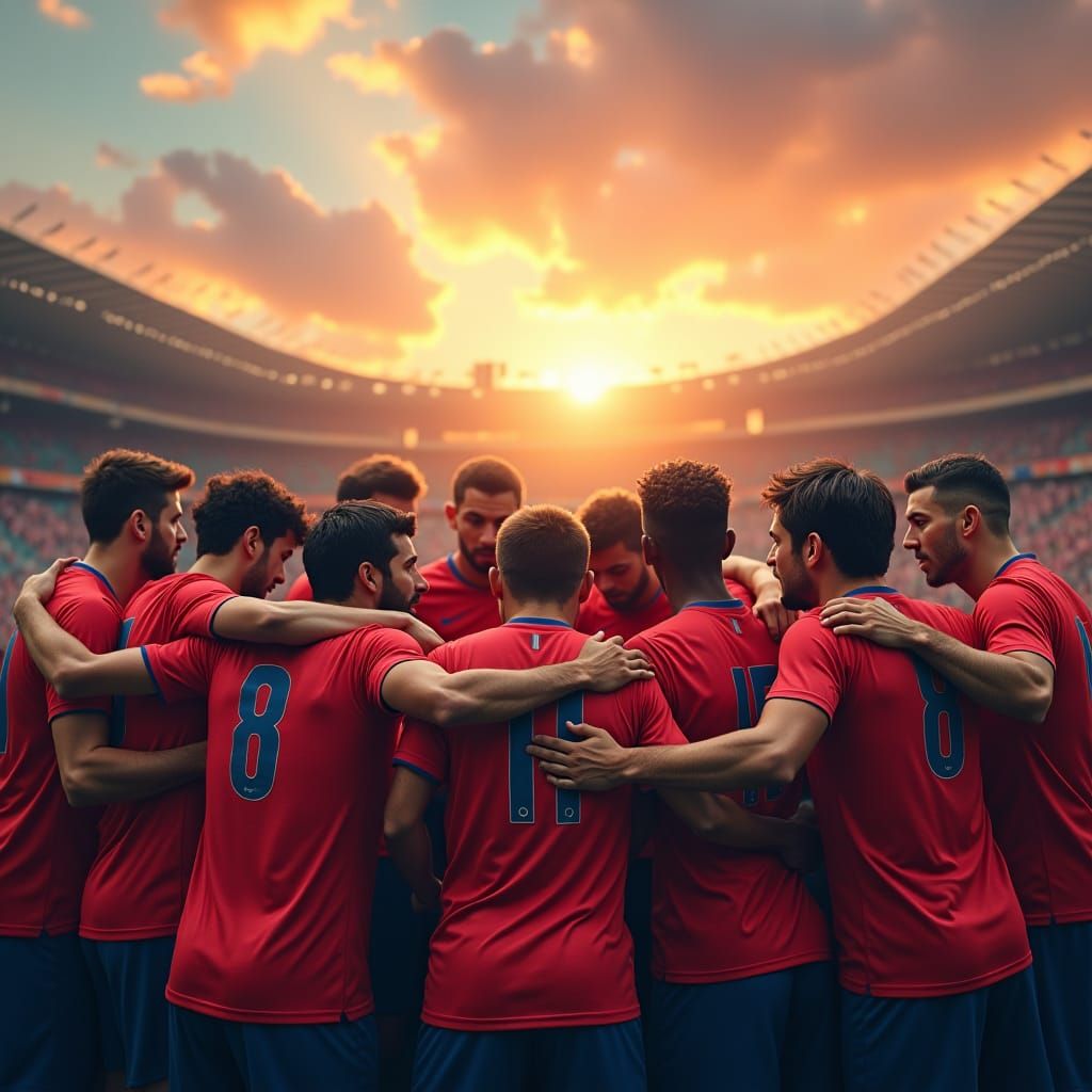 Diverse Football Team Huddle in Dreamlike Stadium