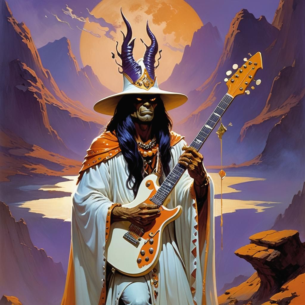Epic Fantasy Wizard Shreds Guitar at Sunset