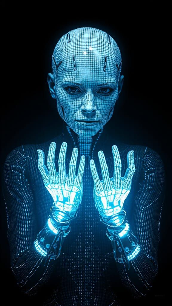 Pixelated Futuristic Human Figure in Cyberpunk Aesthetic