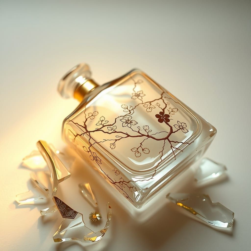 A shattered glass object, perhaps a vase or perfume bottle, ...