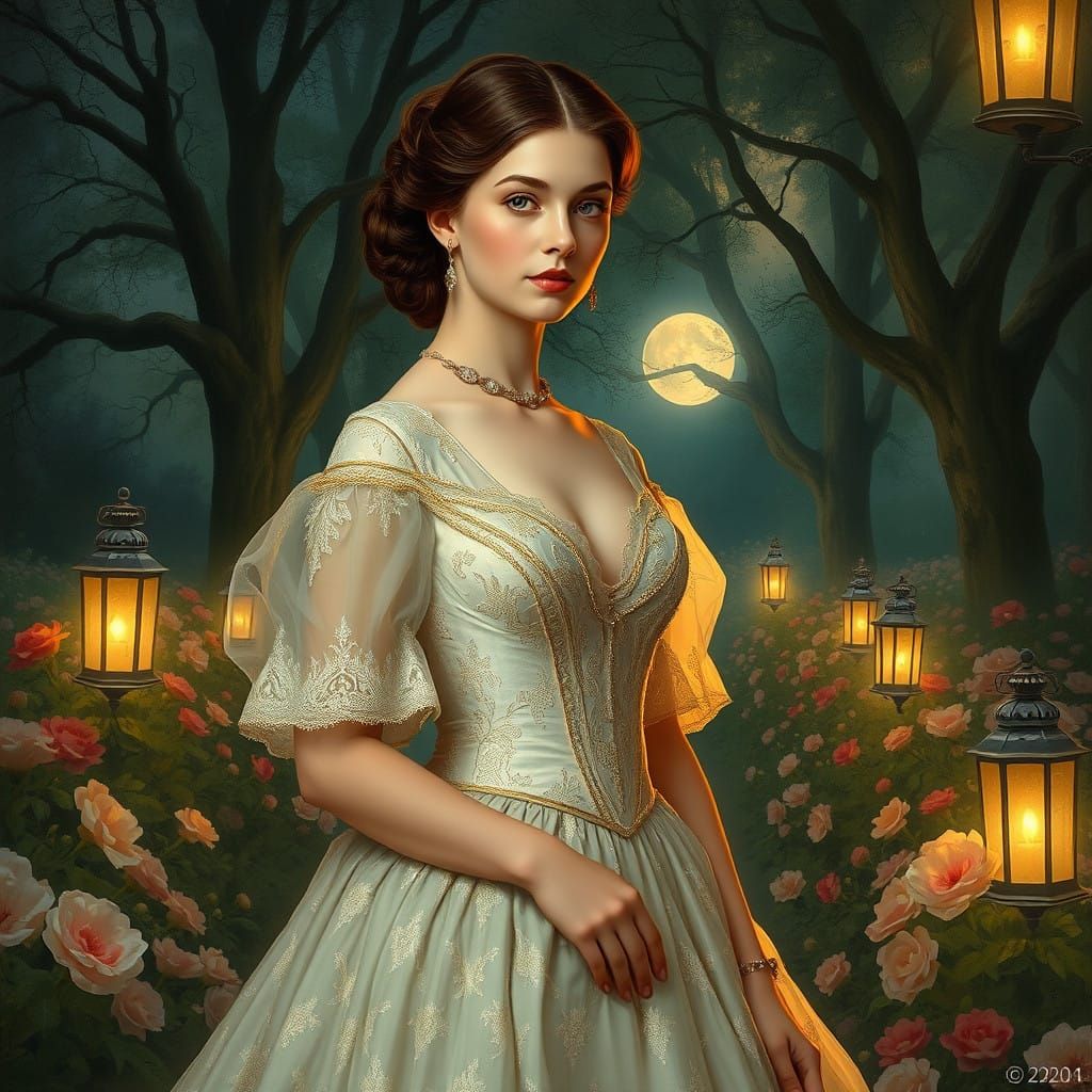 Ethereal Victorian Lady in Moonlit Garden