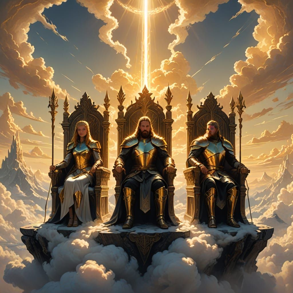 Couple on Light Thrones Above Clouds in Golden Hour