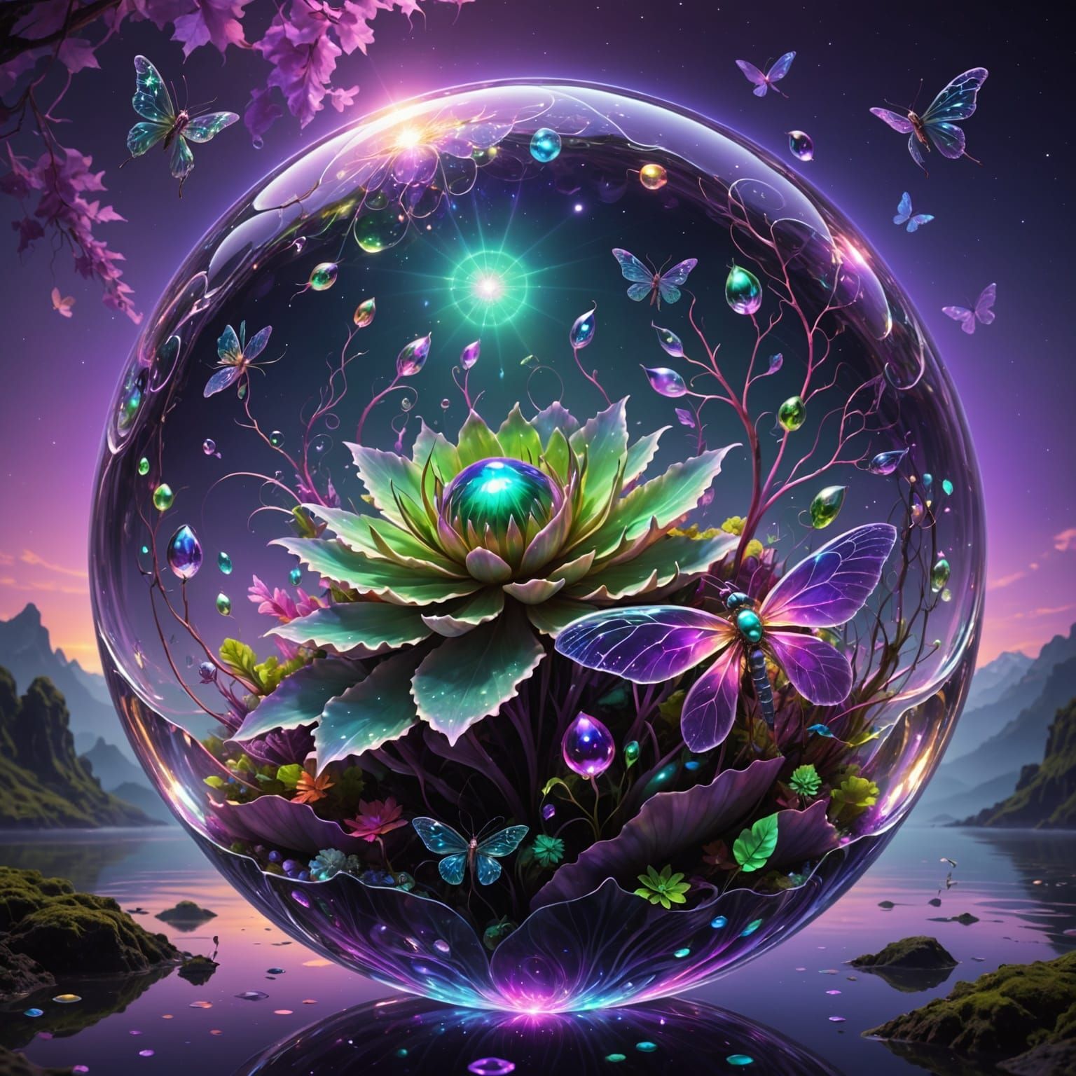 Ethereal Purple Blooming Fractals Over Glowing Mountains