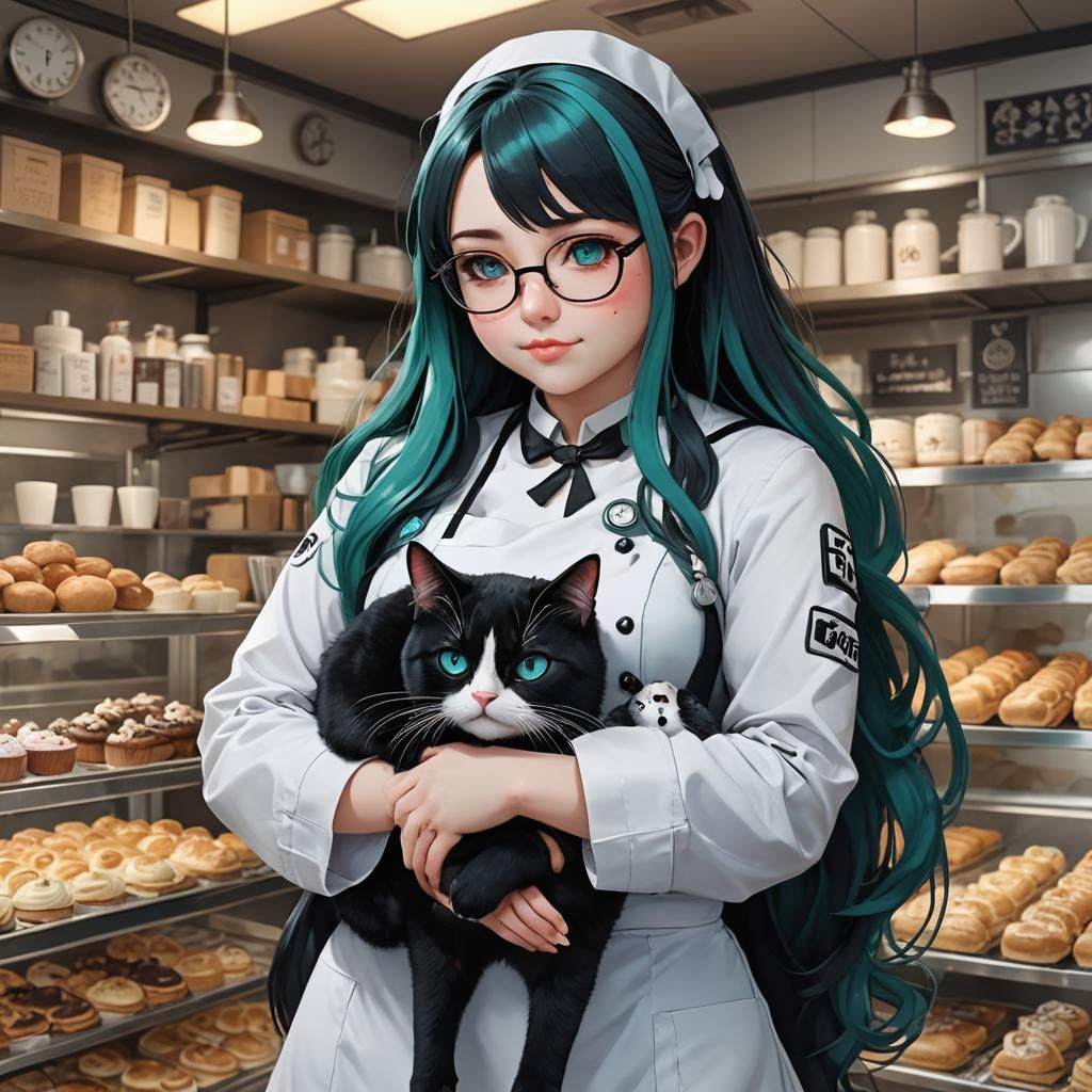 Gothic Nurse with Cat in Anime Style
