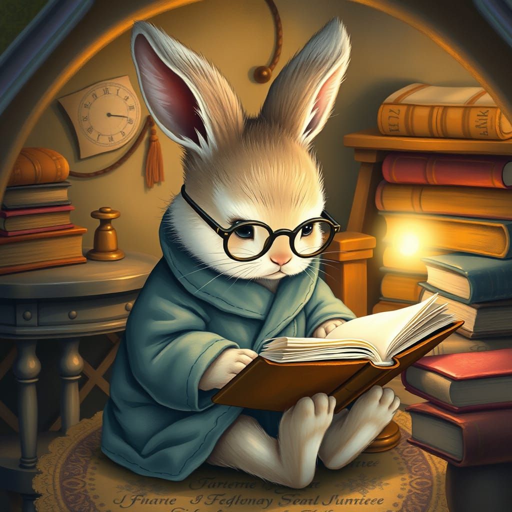 Whimsical Baby Rabbit in Velvet Robe Reads by Firefly