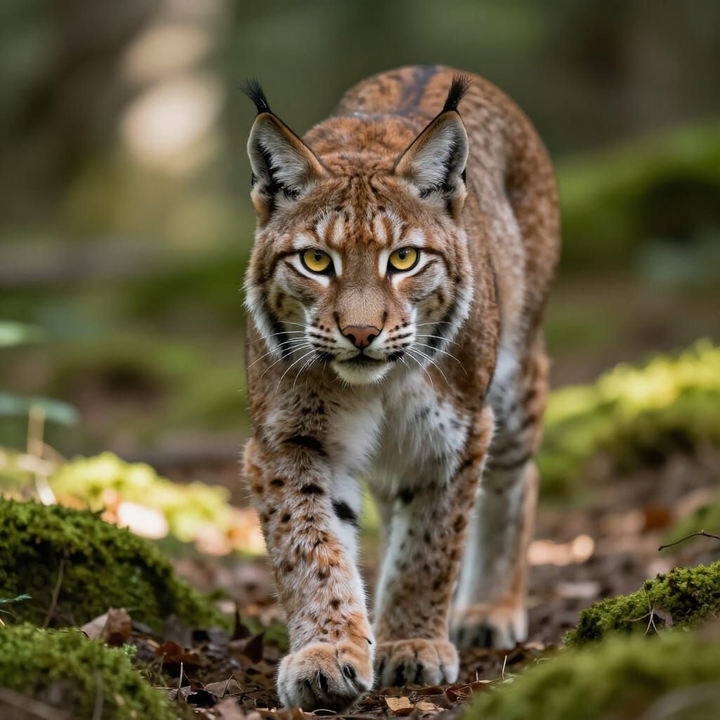 Hyperrealistic Lynx Walks Toward Viewer in Dappled Forest Li...