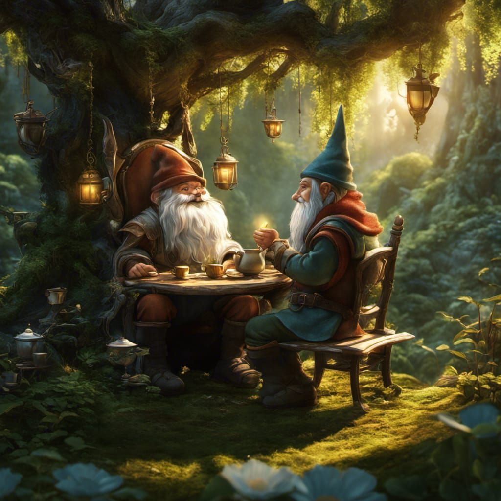 Fantasy Gnome Forest Tea Party in Art Nouveau Style