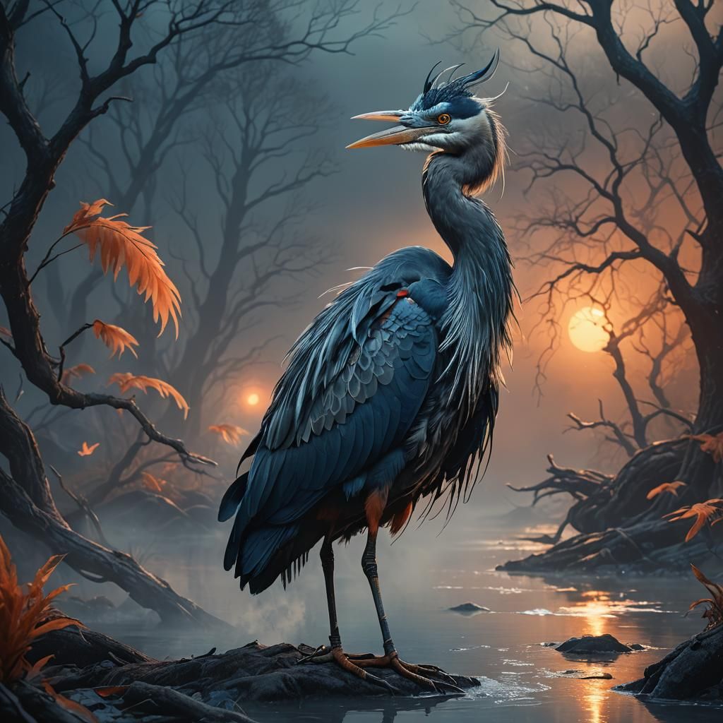 Mystical Demon Dusk Heron in Dark Fantasy Style