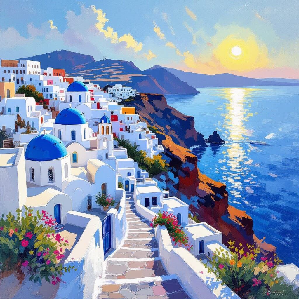Santorini Village in Luminous Painterly Style
