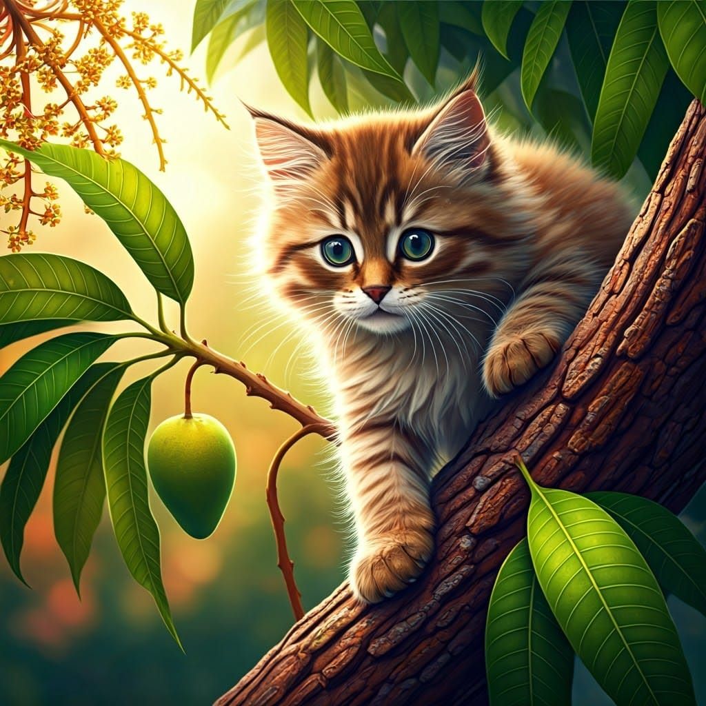 Kitten Climbing Mango Tree in Naive Art Style