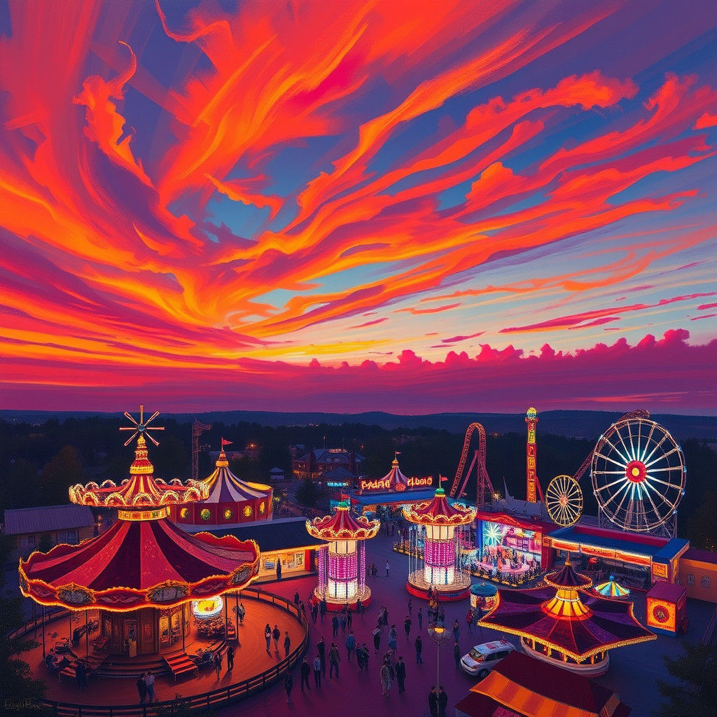 Vibrant Funfair at Dusk in Pop Surrealist Style