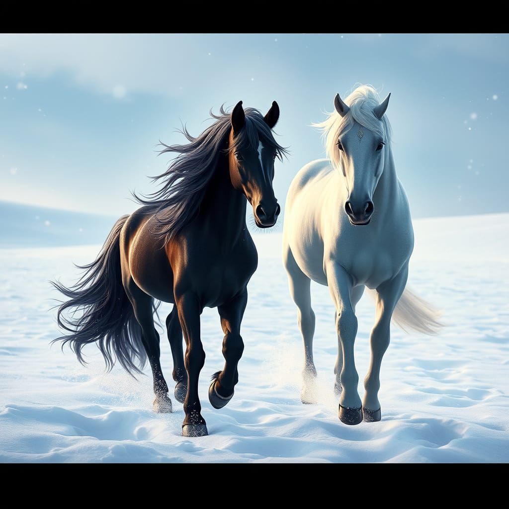 Majestic Black Pony Plays with White Horse in Snowy Fantasy ...