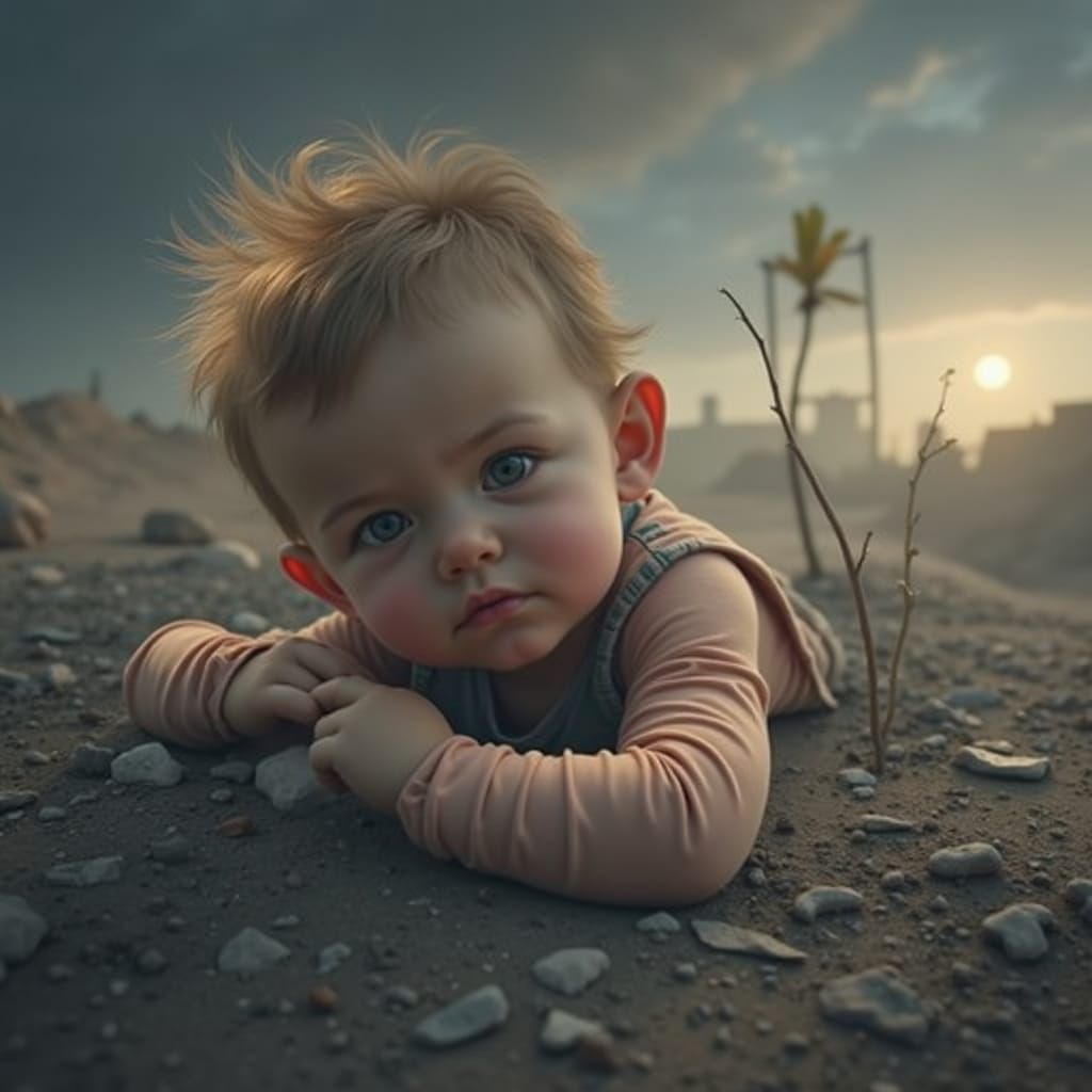 Child Clutching Dreams in Urban Ruins