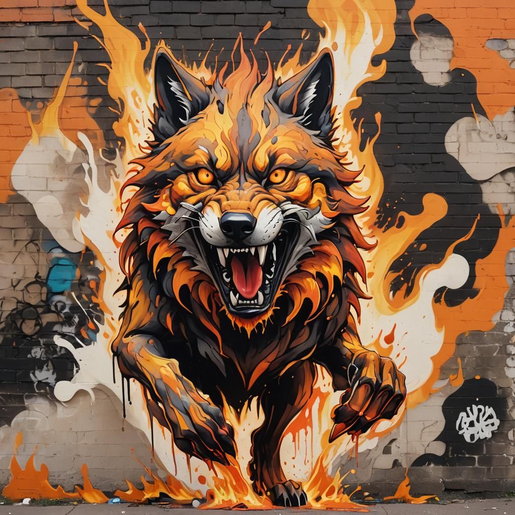 Fiery Wolf Elemental Runs Through Abandoned City