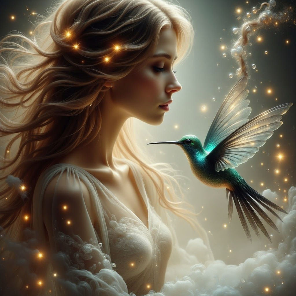 Majestic Woman Gazes at Luminous Hummingbird in Neo-Art Nouv...