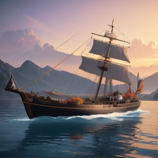 Floral Boat Sails Calm Waters in Hyperrealism