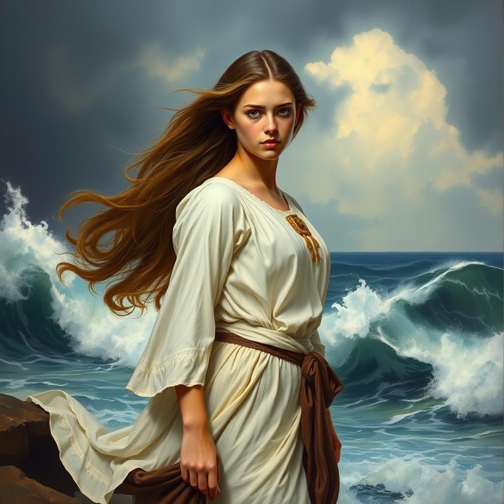 Woman at Stormy Sea in Romantic Realism Style