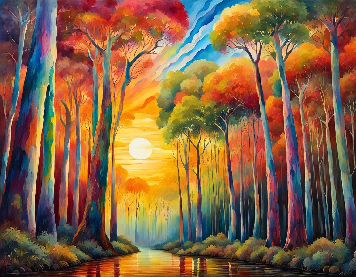 Rainbow Eucalyptus Grove in Oil, Watercolor, and Ink