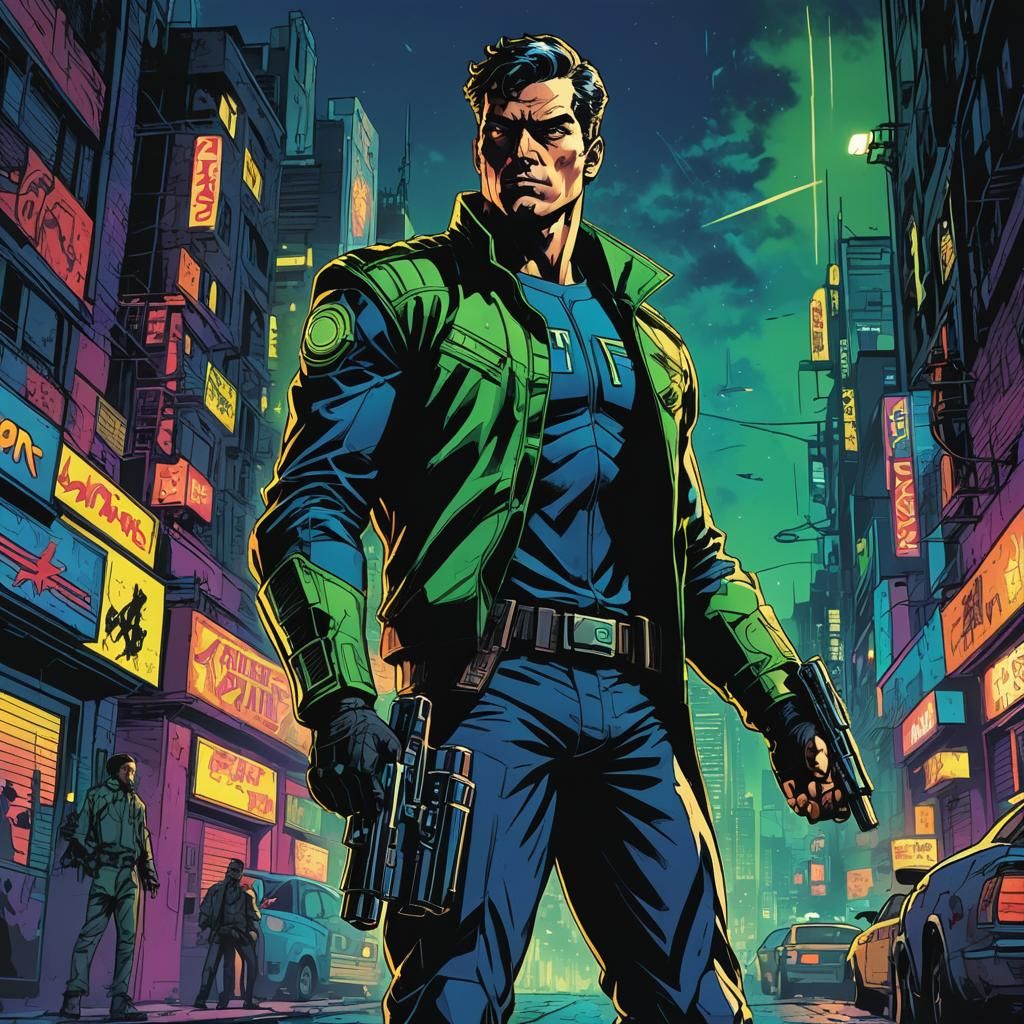 Retro Comic Book Hero in Futuristic City