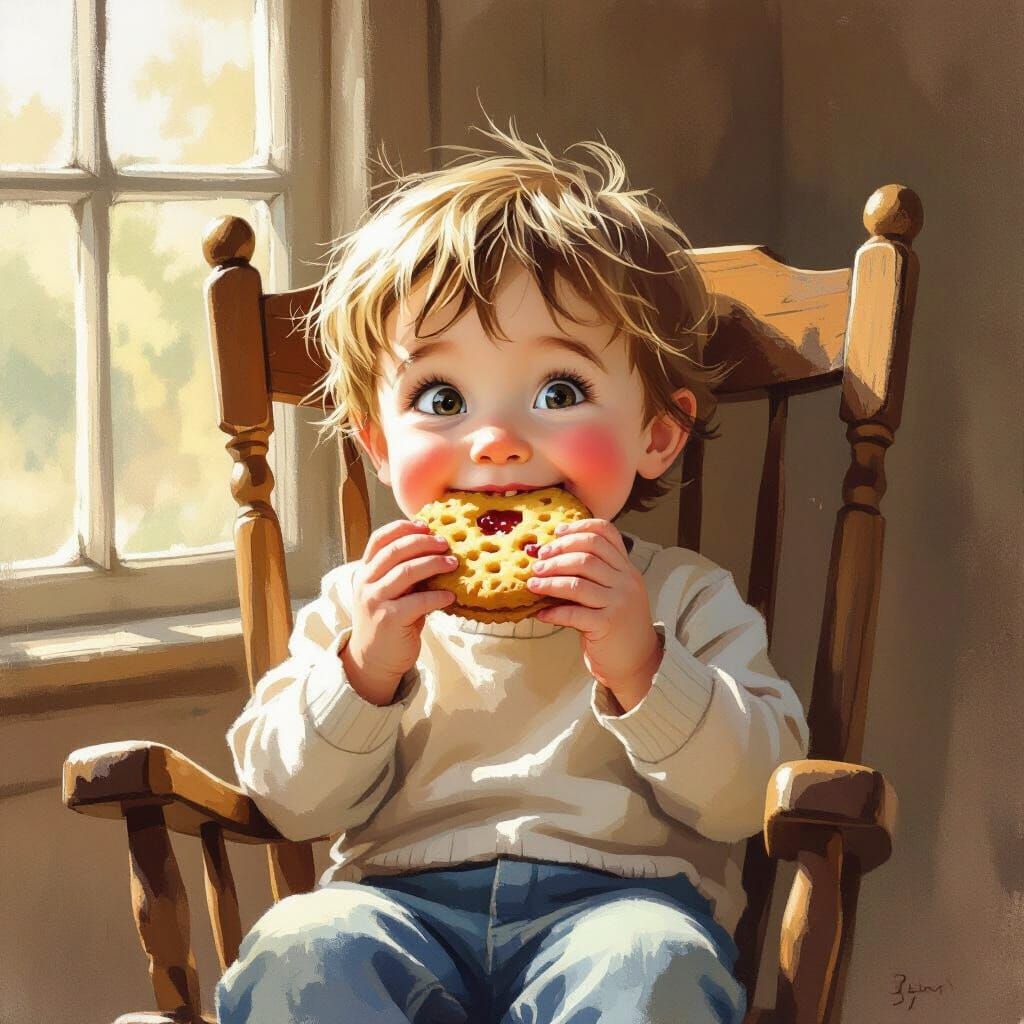 Boy Enjoys Jammy Dodger in Rocking Chair