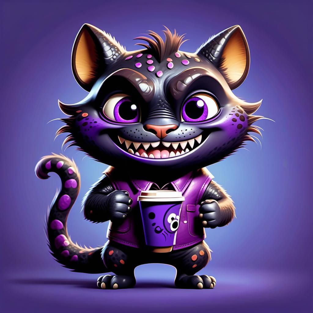 Cartoon Cat-Monster and Leopard in Desert Diner