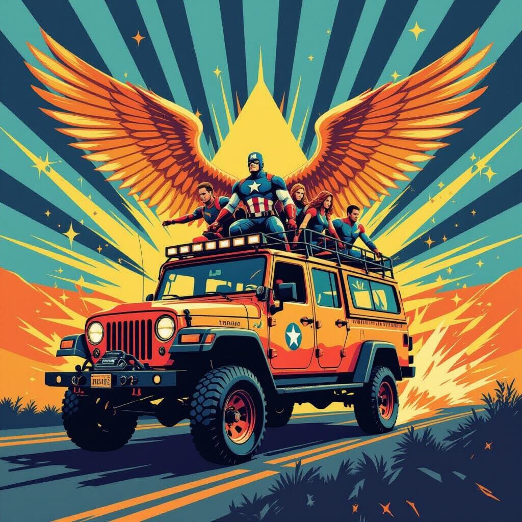 Avengers on Winged Jew Wagon in Pop Art Style