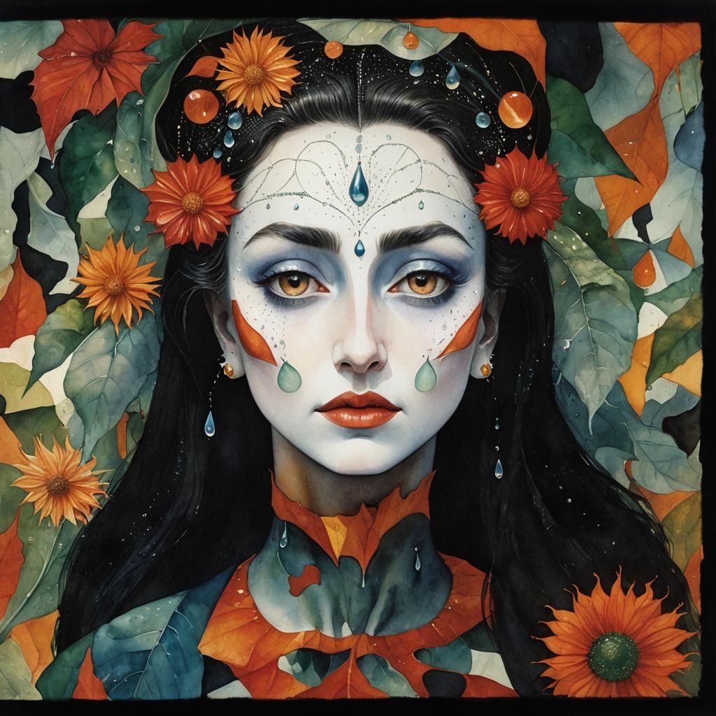 Dew Drops on Ethereal Leaf in Surreal Watercolor