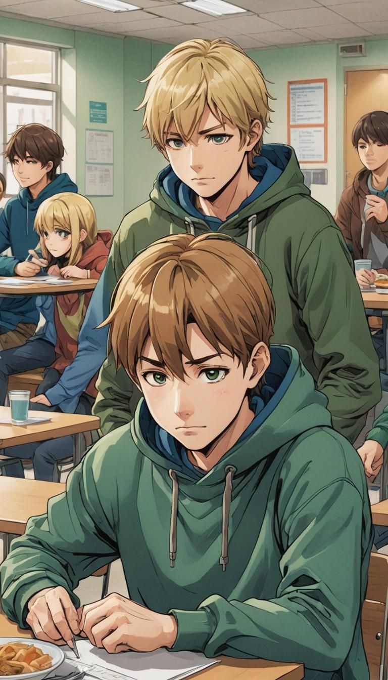 Boy in Green Hoodie: Manga-Style School Cafeteria Scene