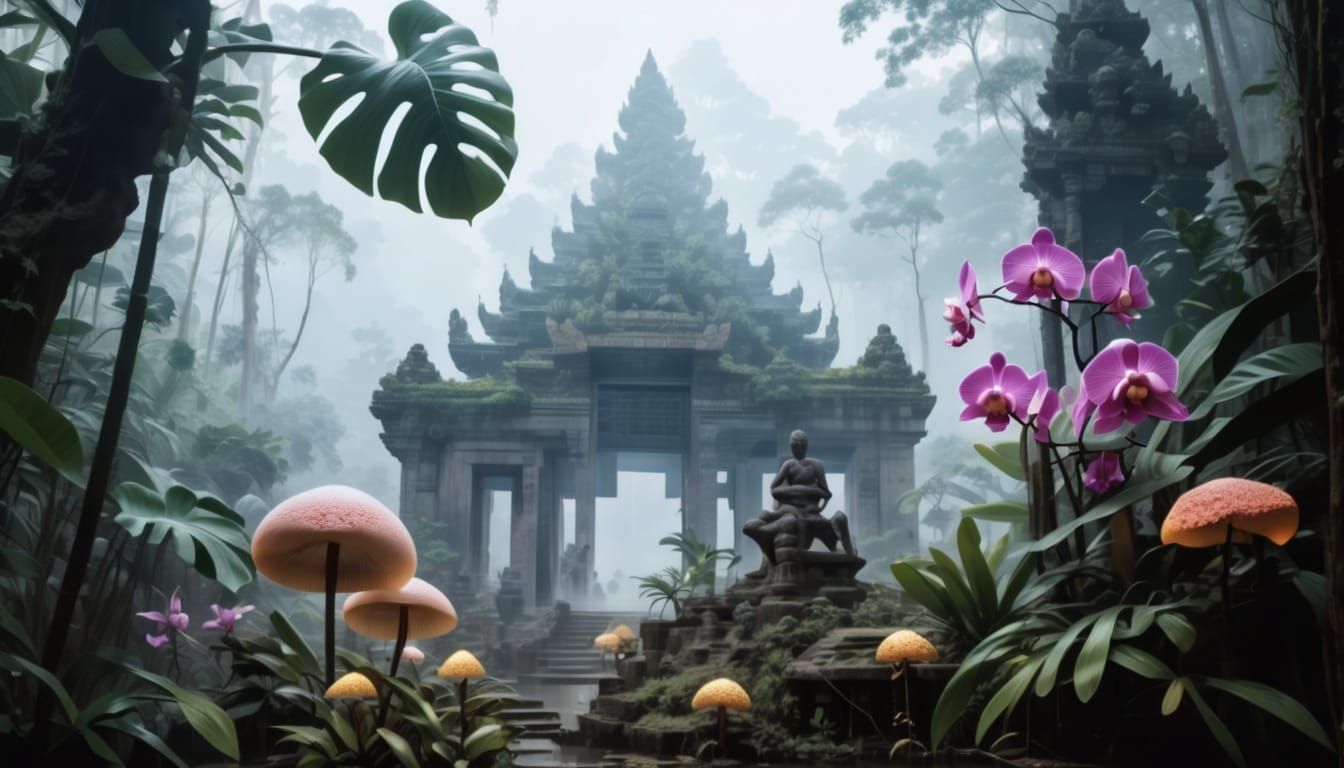 Surreal Jungle with Ghostly Fungi and Ancient Ruins