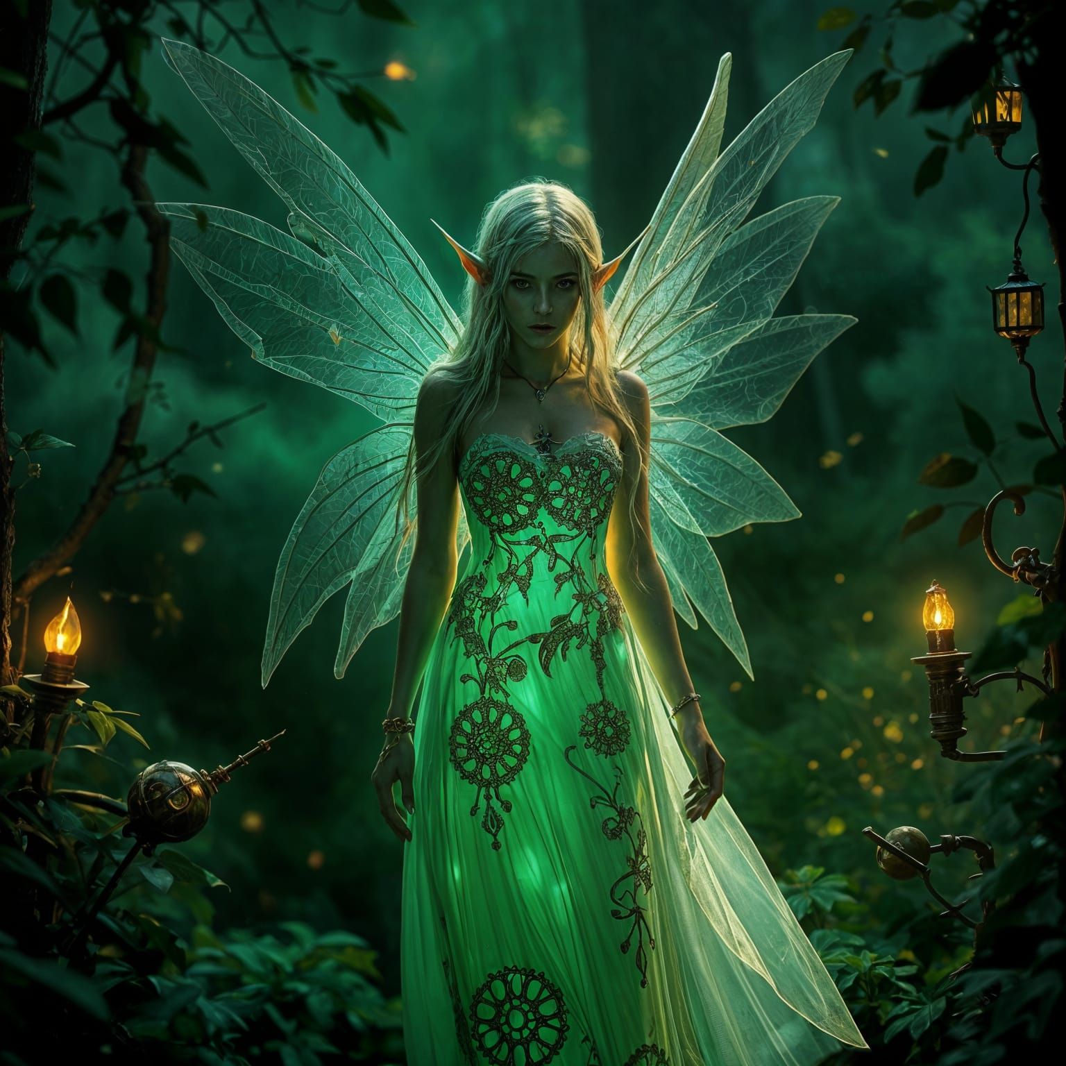 Emerald-Eyed Fairy Elf in Steampunk Sci-Fi Forest