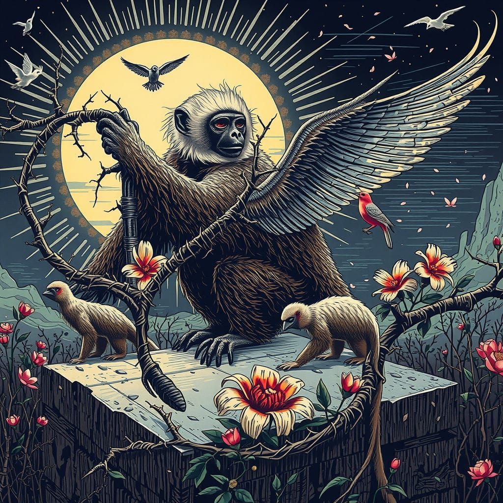 Majestic Gibbon Contemplates Ancient Tomb in Golden Light