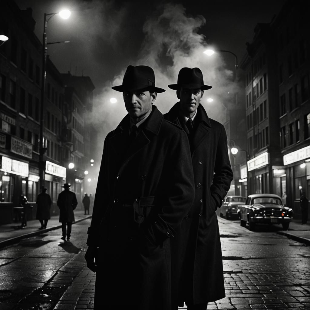 Noir Scene of Smiling Men in Cityscape