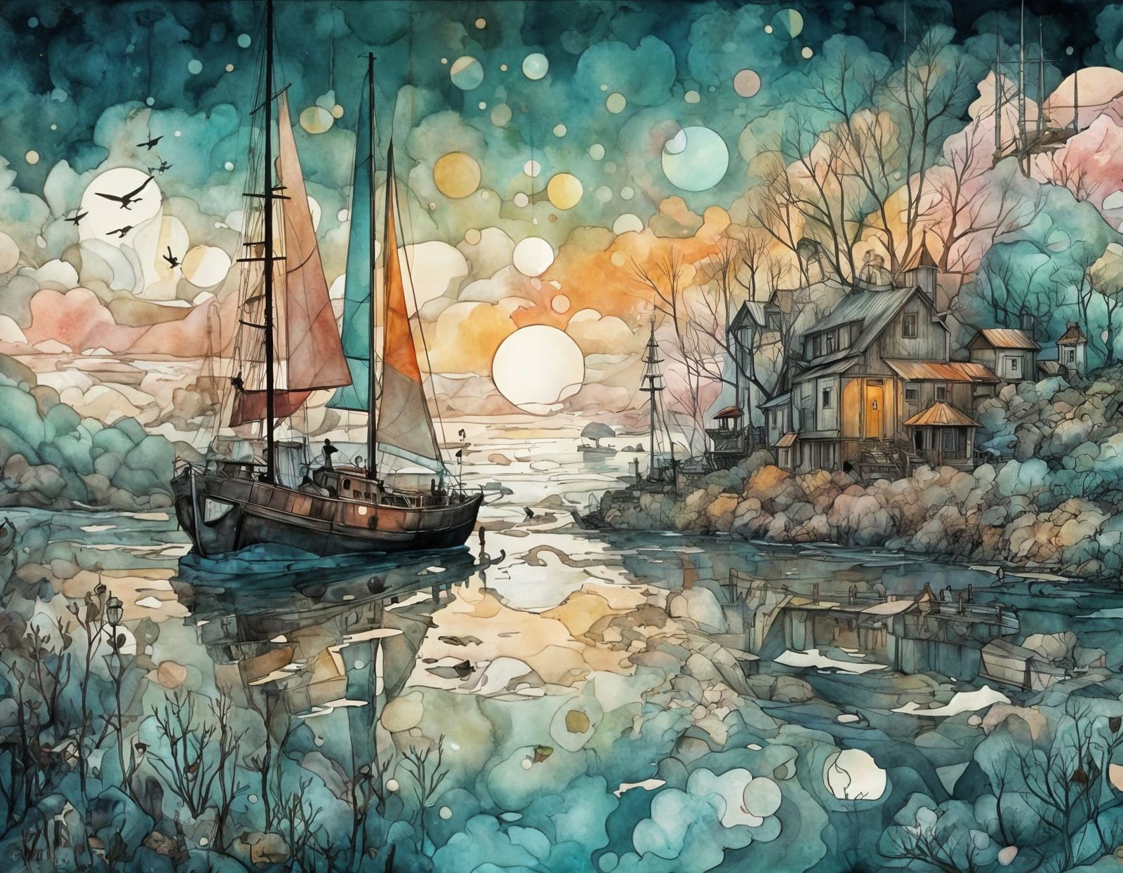 Alcohol Ink Winter Sunset Landscape with Glittering Textures