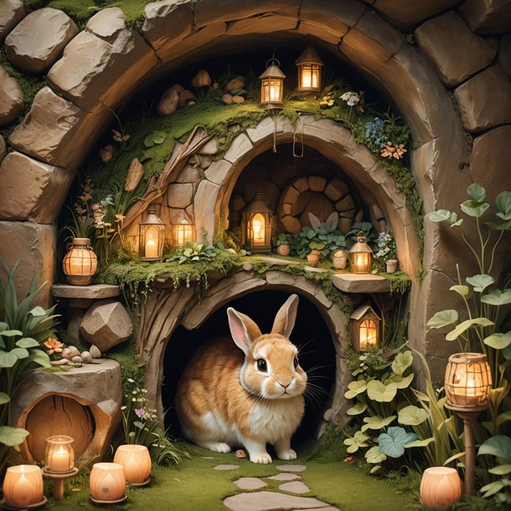 Cozy Underground Bunny Home in Watercolor Style